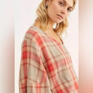 CP Shades 100% Cotton Billie Puff Sleeve Red/Tan Plaid Top Size XS